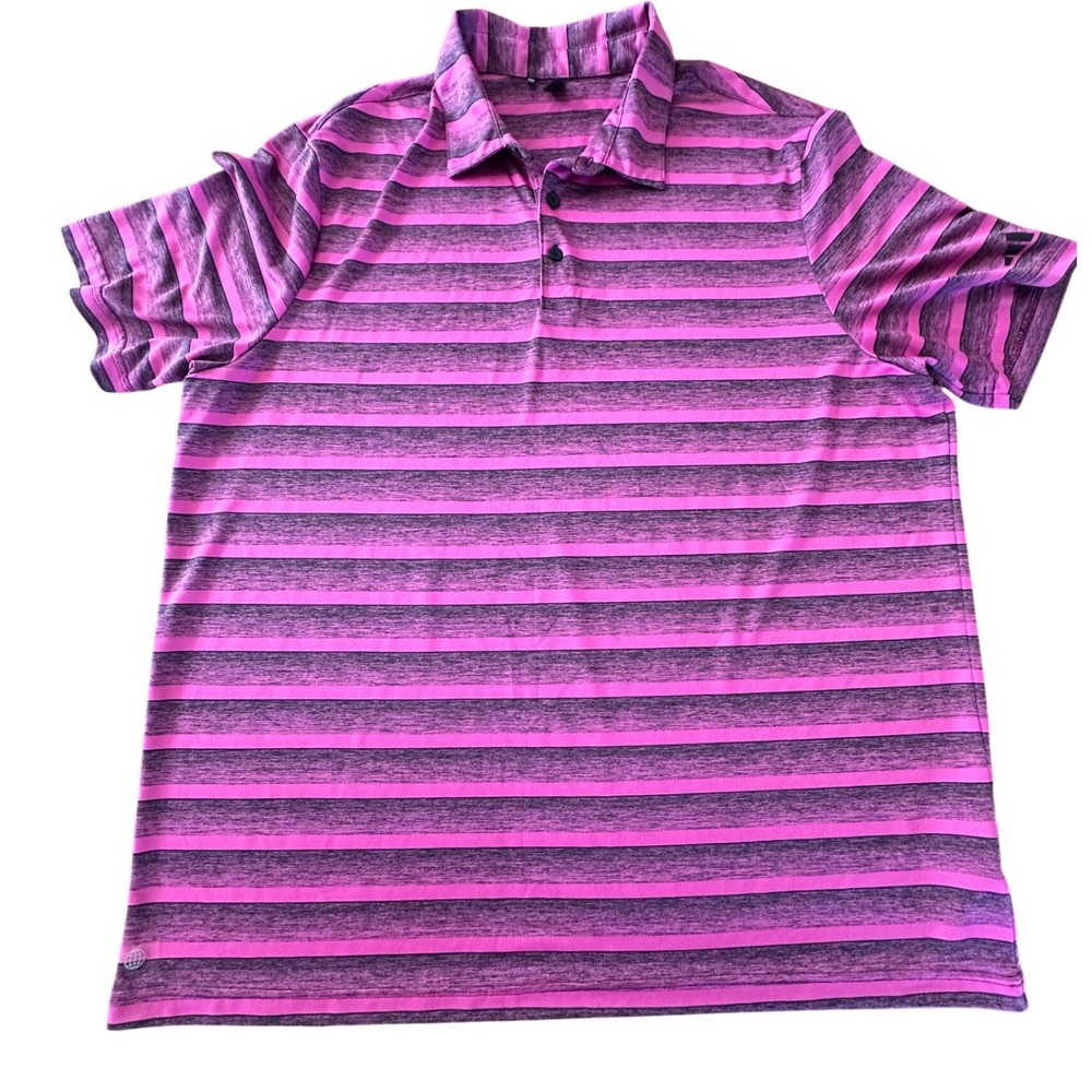 Adidas Mens 2XL Golf Polo Shirt Pink Black Striped Space Dye Performance Tee